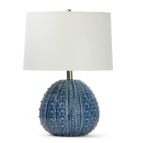 blue ceramic coastal lamp with white linen shade